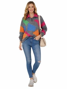 ESCADA VINTAGE 1980s OVERSIZED MOHAIR COLOUR BLOCK JEWEL TONES SWEATER